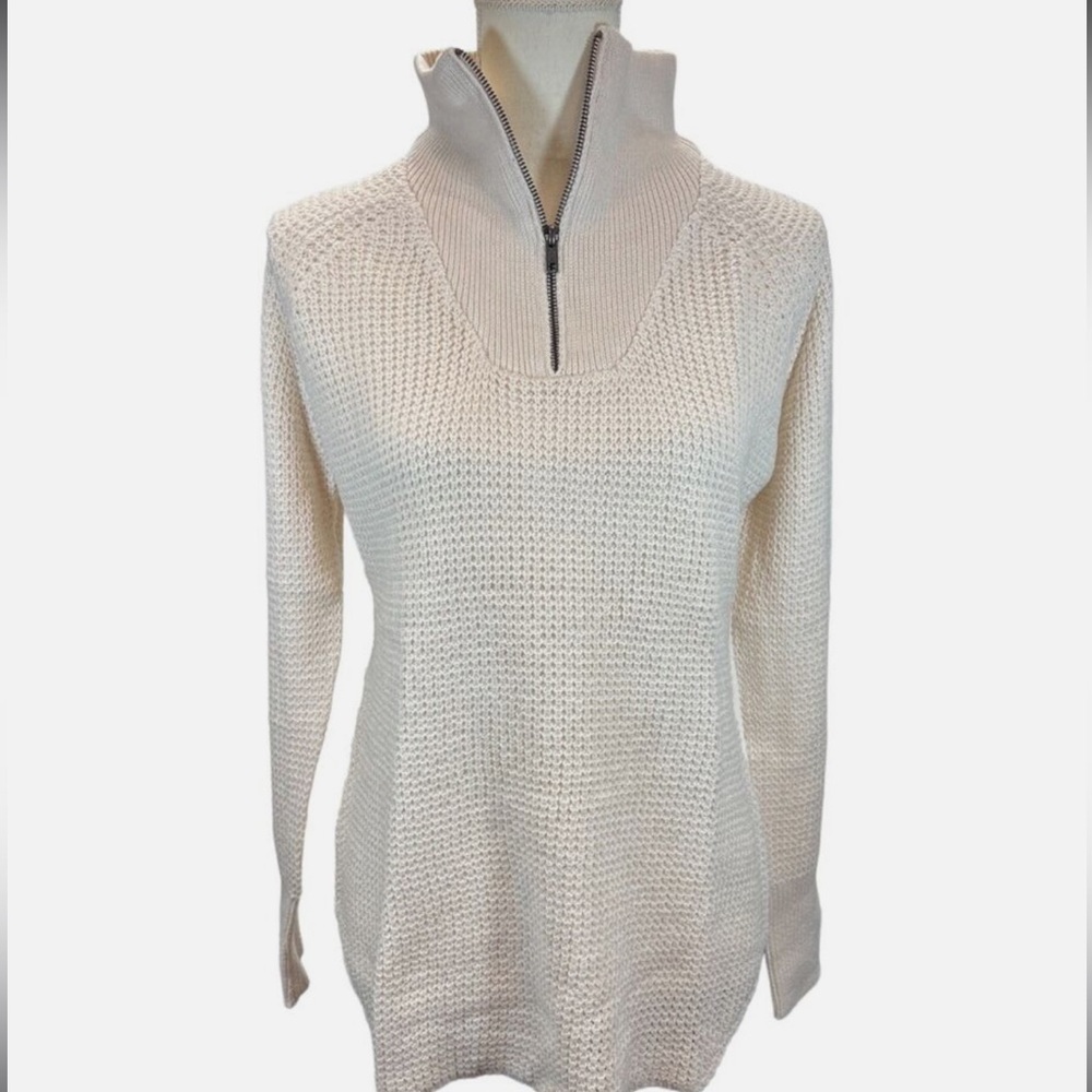 Nordstrom Waffle Knit 1/4 Zip Mock Neck Spring Sweater Oatmeal NWT NEW ivory XS